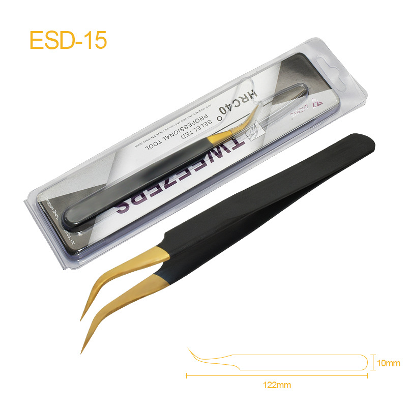 Pinzas de acero inoxidable para manualidades, pinzas puntiagudas para decoración de uñas, pestañas postizas, herramienta antiestática ESD-15 para bisutería.