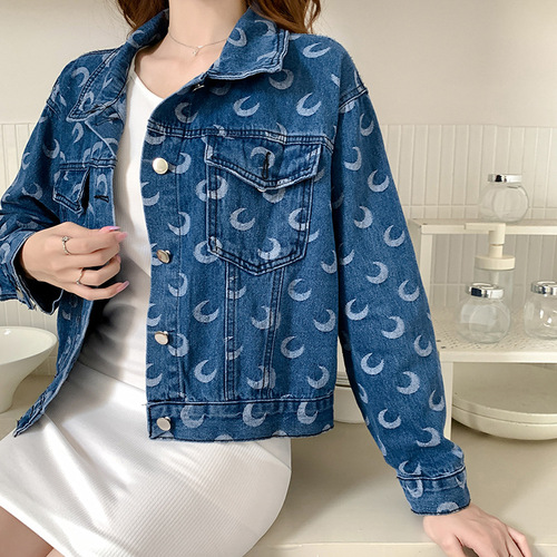 Early autumn new short denim jacket for women Korean style loose fashion print moon versatile slim jacket top for women