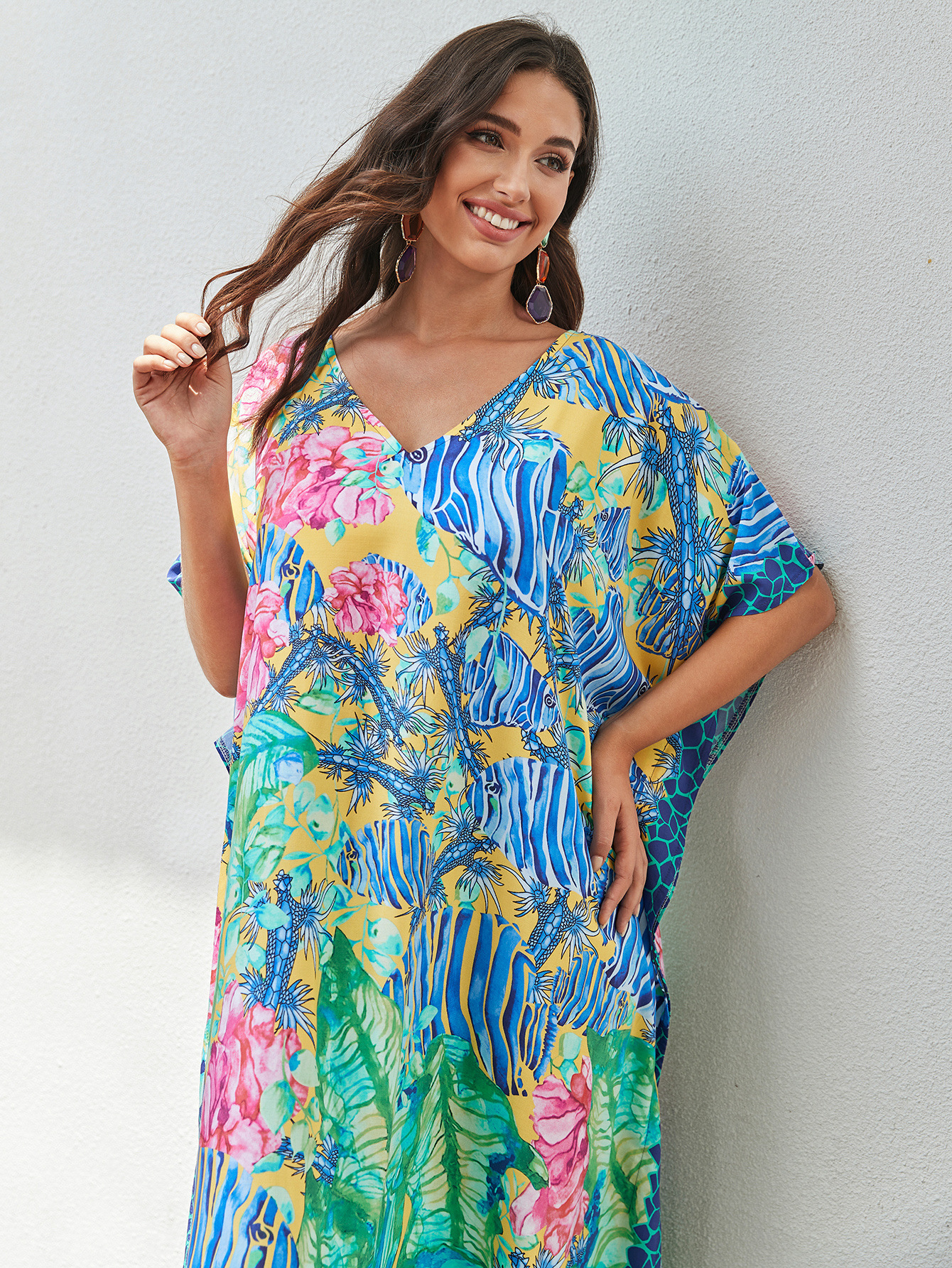 Rochie de plajă lungă kimono dama boho viscoză tie-dye_voghion.com