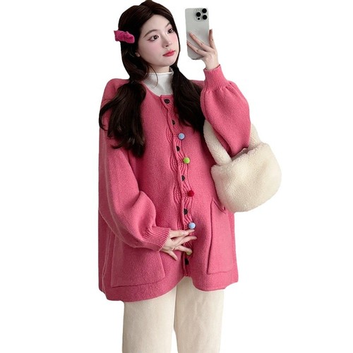 Internet-famous fashion autumn/winter loose and thick candy-colored sweater coat + bottoming shirt + pants trendy mom/pregnant women’s three-piece set