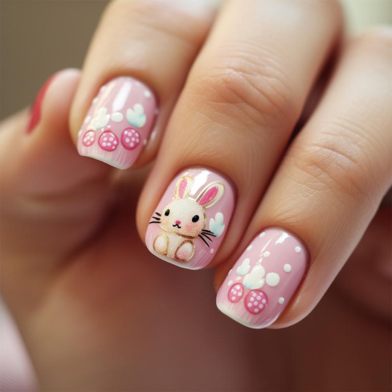 Easter Cute Bunny Egg Cloud Design Short Square Wear Armor Red Pink Color Jumping Nail Art Fake Nail