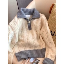 高级欧货重工拼色polo翻领软糯慵懒宽松毛衣女秋冬套头针织衫上衣