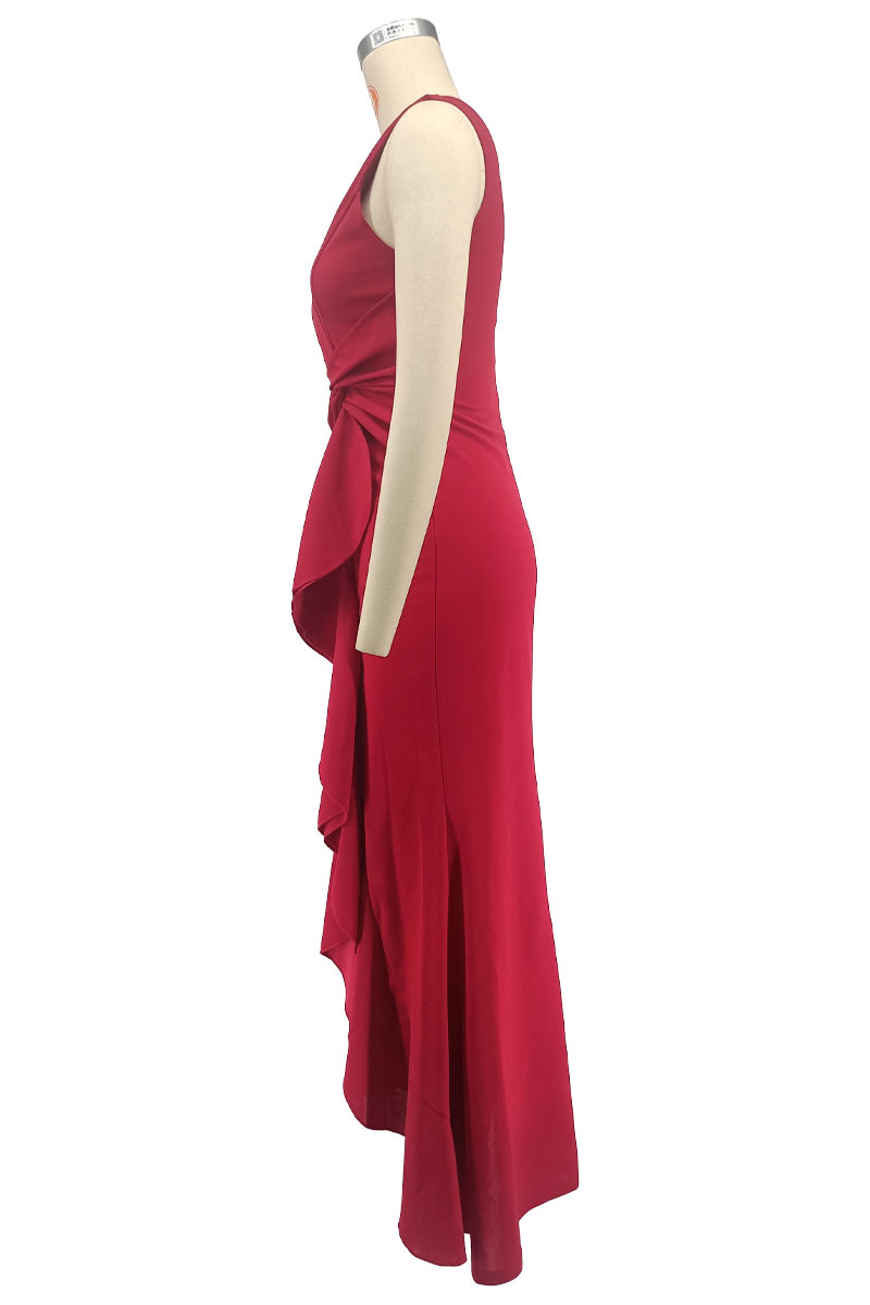 V neck Sleeveless Slim Fit Elegant Ruffled Split Long Evening Dress