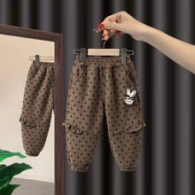 女童加絨褲子冬季一體絨2025新款小童收腳波點外穿加厚女寶寶衛褲