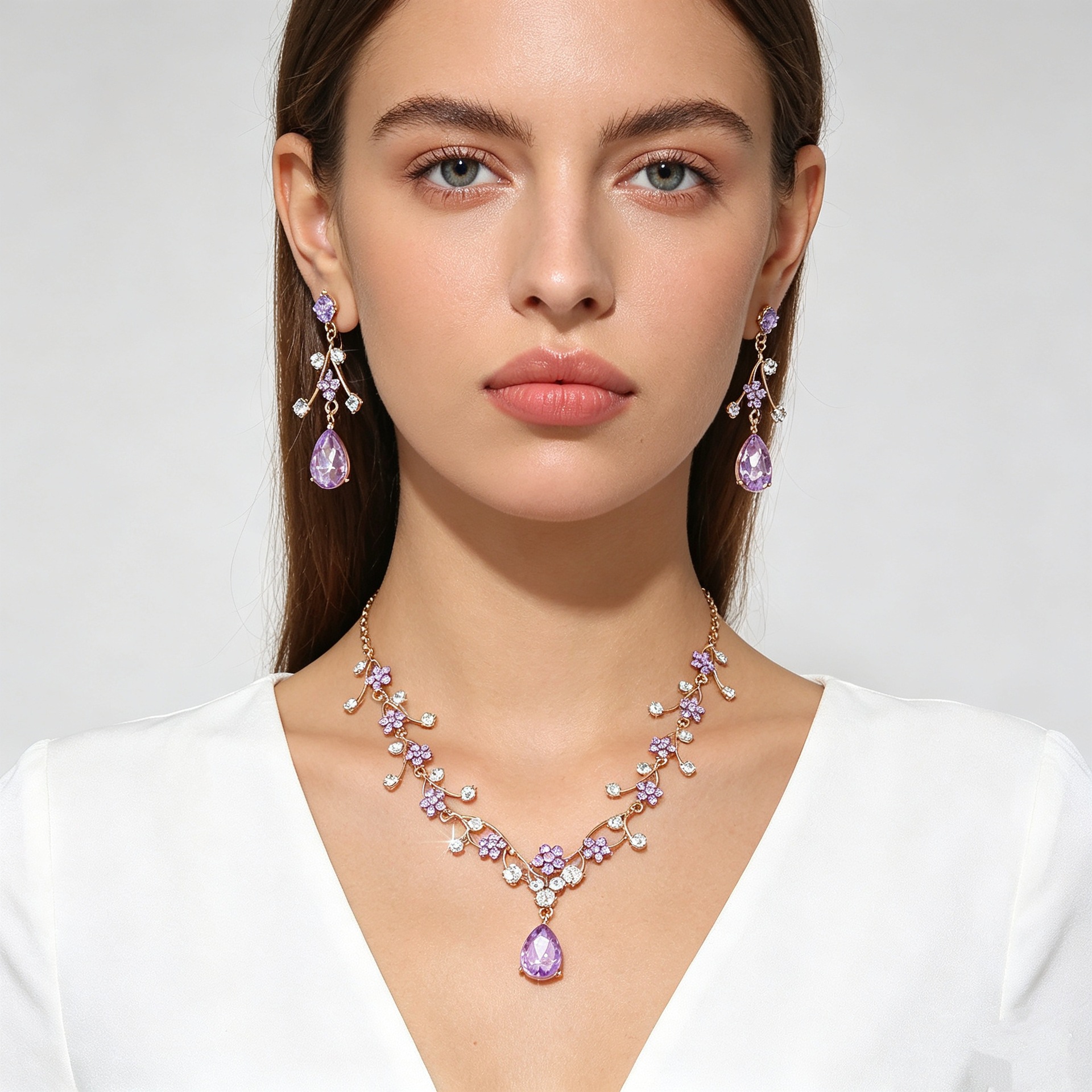 Trendy Purple Flower Rhinestone Jewelry Set, Long Amethyst Pendant Necklace and Earrings, Direct from the Factory