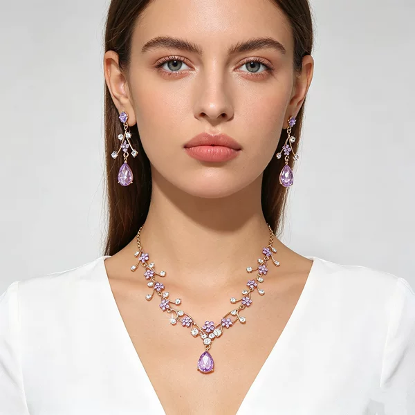 Trendy Purple Flower Rhinestone Jewelry Set, Long Amethyst Pendant Necklace and Earrings, Direct from the Factory