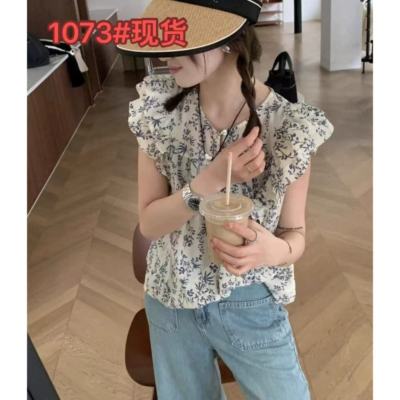 Шифоновая цветочная рубашка женская летняя французская дизайнерская ниша маленькая летающая рубашка без рукавов