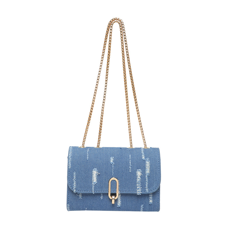 Textura de bolso cuadrado nuevo diseño de agujero de tejido denim de diseño de moda de este año chaîne de mujer mochila