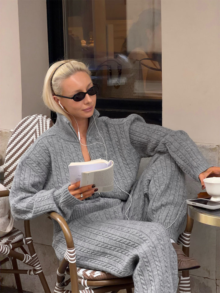 Bộ hai món nữ áo len cardigan cổ bẻ khóa kéo phối quần dài ống đứng, form rộng — Bộ hai mảnh áo len màu hồng, Bộ hai mảnh áo len màu sô cô la, Bộ hai mảnh áo len màu xanh ô liu, Bộ hai mảnh áo len màu xám chi tiết 11