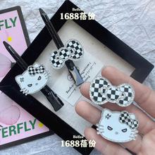 可爱愤怒表情猫咪发夹无痕侧边刘海夹甜美百搭黑白格蝴蝶结鸭嘴夹