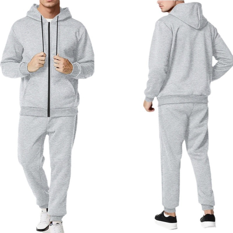 Transfronterizo Amazon nuevo chaqueta hombre otoño invierno pantalones casuales de dos piezas con cremallera encapuchada de color sólido Cardigan para hombres