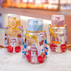 彈跳雙飲卡通塑料杯子 戶外可背大容量水杯 男女學生便攜茶杯