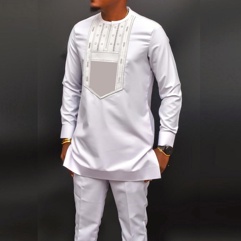 Men's elegant suit pants suit embroidered round neck long sleeve solid color two-piece set social African ethnic men's clothing style