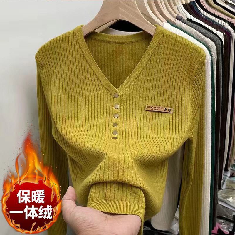 두꺼운 원피스 벨벳 한국식 스웨터 올매치 니티드베이스 셔츠 여자 가을 · 겨울 스타일러스 슬림핏 V넥 탑