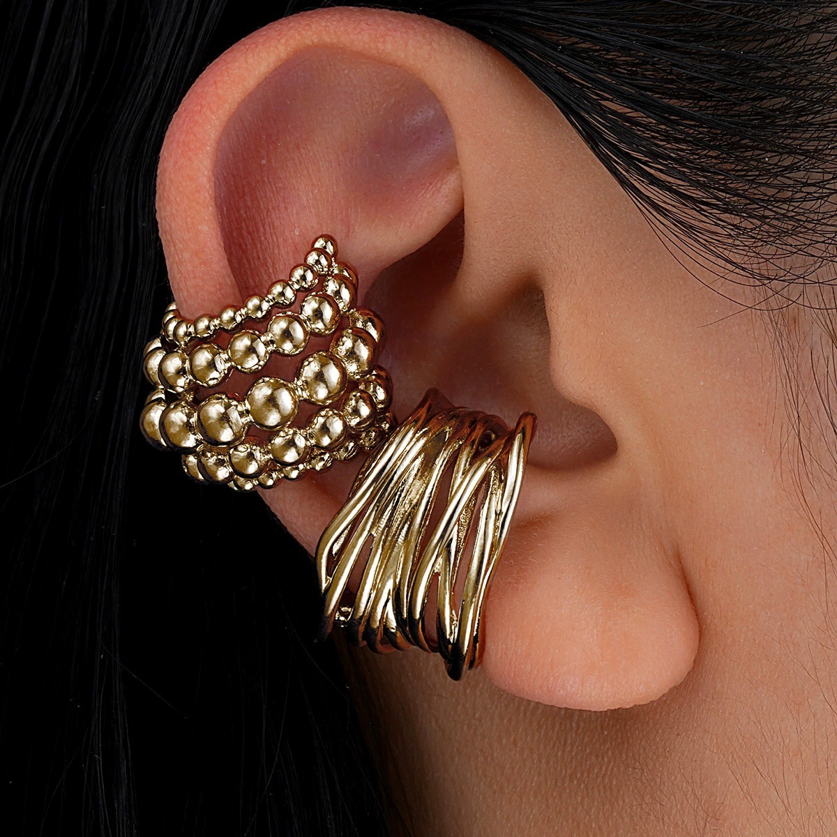 Cross-Border Hot-Selling Irregular Geometric C-Shaped Wire-Wrapped Multi-Layered Round Bead Ear Clips 2-Piece Set Fashionable and Versatile High-End Earrings