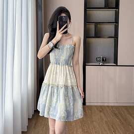海边度假风出游吊带连衣裙女韩版夏季晕染拼接蕾丝显瘦中裙图片色