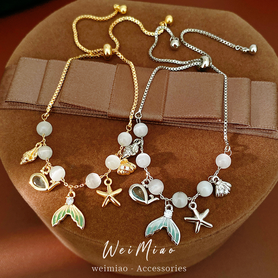 Piedra de ojo de gato, collar de piedra, estrellas de mar, conchas, pulseras de cola de pescado, pulseras de lujo ligeras, accesorios de vacaciones, joyas de mano image 1