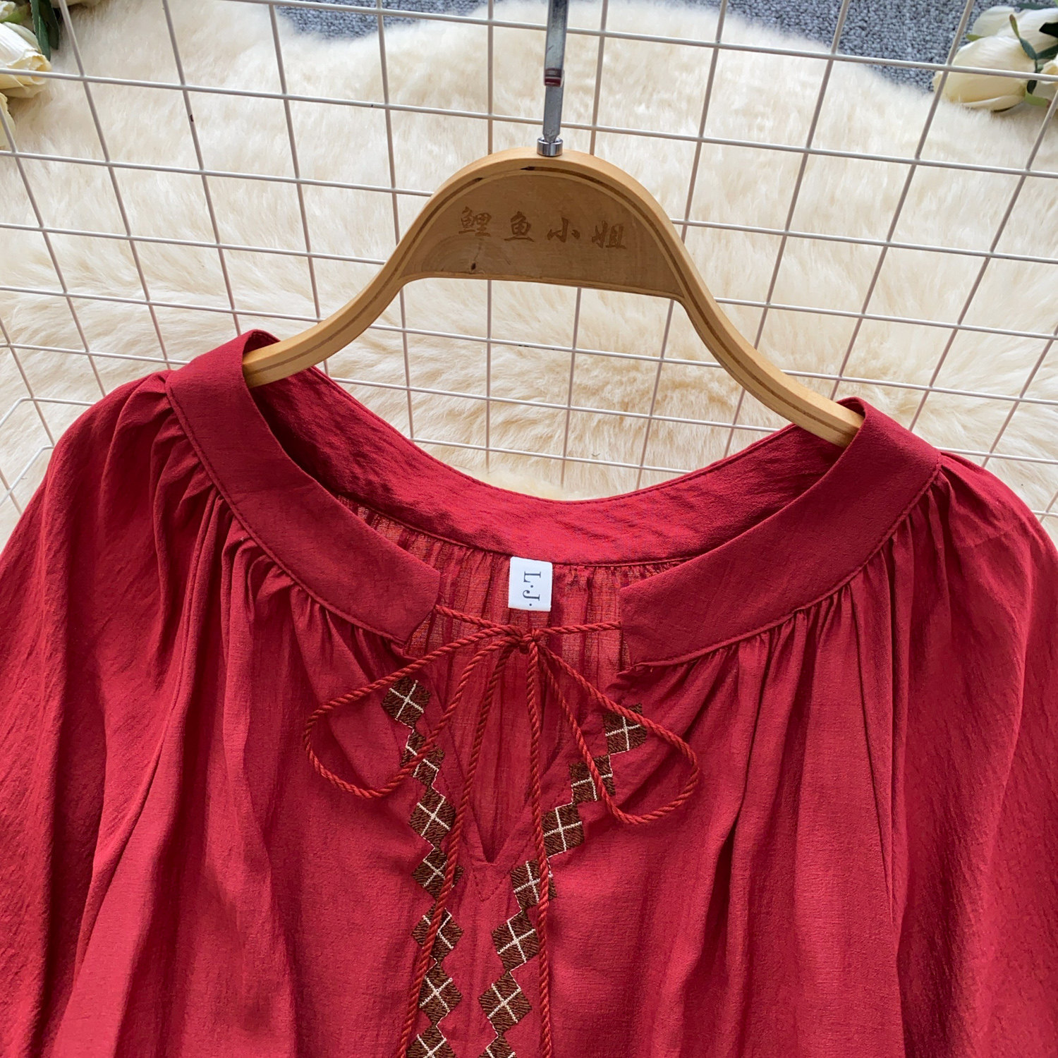 Elegant French Style Blouse for Women Red Embroidered Puff Sleeve Loose Fit Tie Waist Babydoll Top Spring Fashion_ecoleips.com