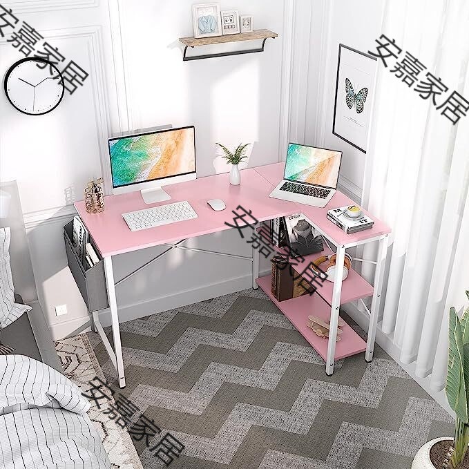 L-shaped corner computer desk with double-sided storage rack student study writing desk pink girl bedroom desk L-shaped corner computer desk with double-sided storage rack student study writing desk pink girl bedroom desk