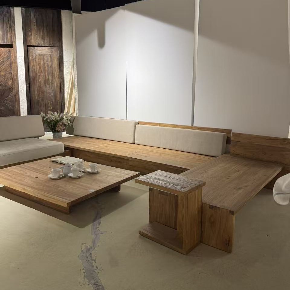 Chinese Old Elm Sofa Living Room Decoration Straight Sofa Combination Coffee Table Multi-Seat Sofa Chair Luohan Bed Tea Table