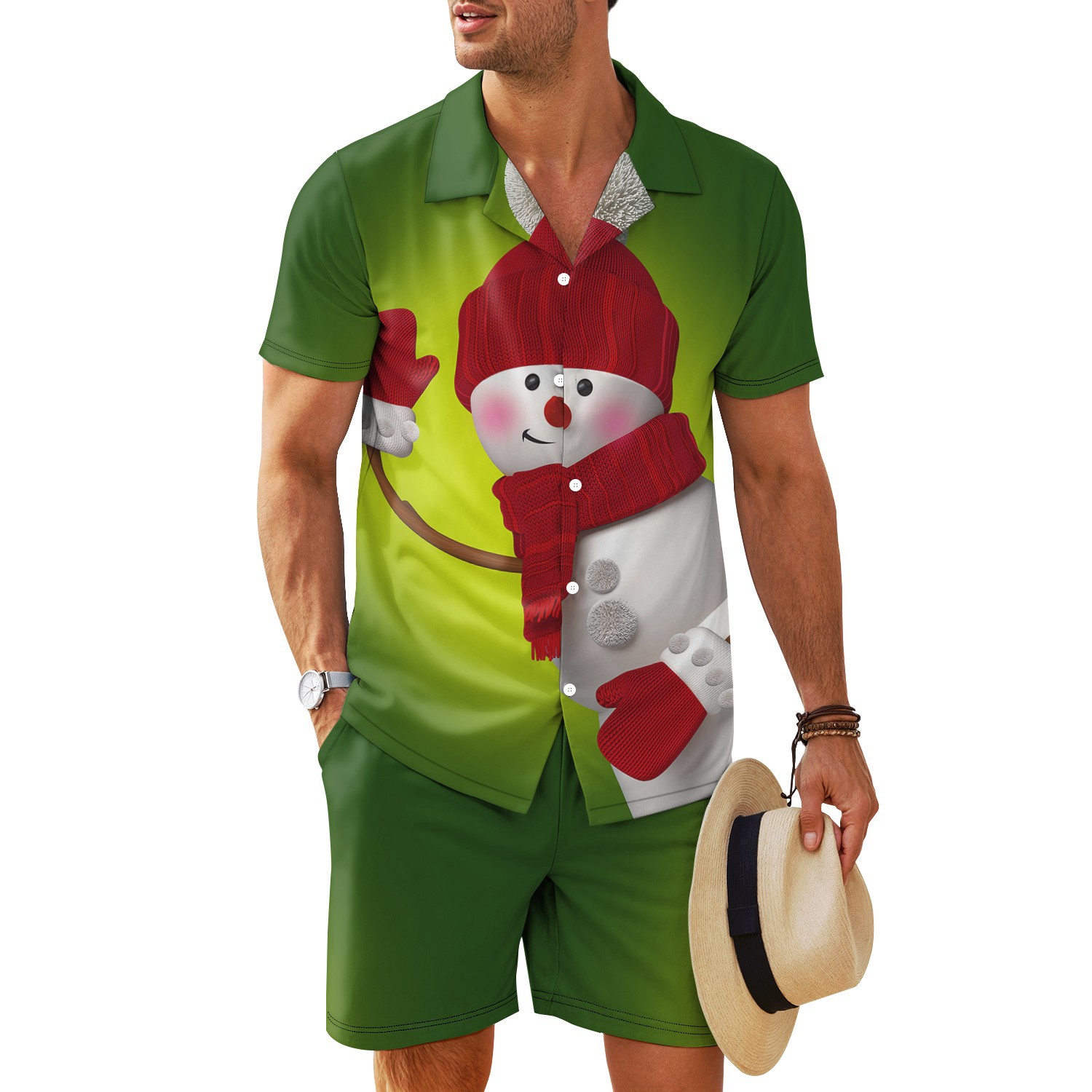 Transfronterizo 2025 nuevo estilo Amazon europeo y americano patrón de nieve cuello cubano camisa de manga corta pantalones cortos traje MB34 MA04