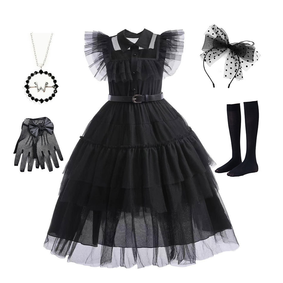 星期三网纱款收腰黑色连衣裙星期三亚当斯一家同款聚会女儿童裙子