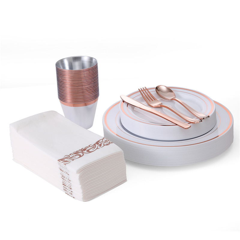 Spot Disposable Tableware Rose Gold Edge Set Knife, Fork and Spoon Meal Birthday Party Set Amazon Cross-Border