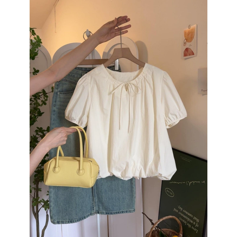 2025 новая летняя корейская стильная милая рубашка для женщин с круглым вырезом, пышными рукавами, цветочным принтом, свободного кроя, абрикосового цвета, с эффектом омоложения