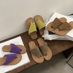 466-3~平底法式高級感復古磨砂真皮套趾拖鞋女外穿2024年夏季新款