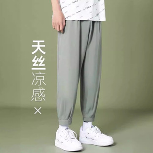 Pants men's summer ultra-thin air conditioning Ice Silk cropped trousers loose draping wide leg casual trousers Korean fashion