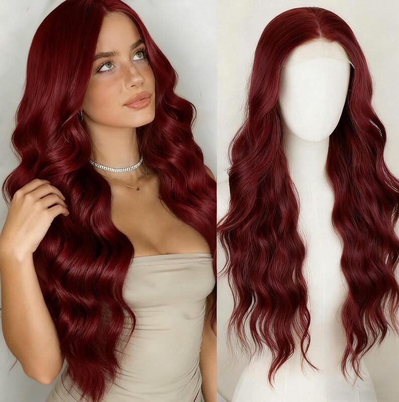 Burgundy Red Lace Front Wig, Long Wavy Hairstyle with Baby Hair, Uncut, Glue-Free