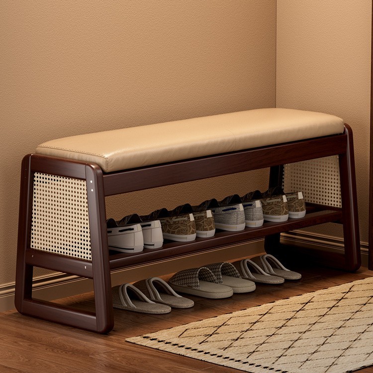 Taburete de zapatos de madera sólida de caña trenzada en la puerta de cambio de zapatos para el hogar, gabinete de zapatos para sentarse, paquete flexible multifuncional, taburete de tiras largas ampliadas