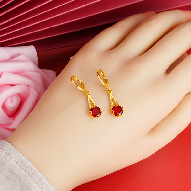 Pendientes de oro de Vietnam en forma de V pendientes de las mujeres de piedra roja de diamantes incrustados de alta calidad de diseño Pequeño Libro Rojo mismo suministro