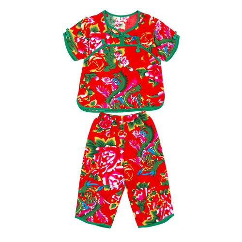Children's Northeast large floral cloth baby clothes baby short-sleeved pajamas suit summer thin cotton silk Tang suit for boys and girls