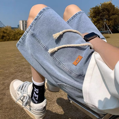 Men's denim shorts men's summer new American retro high street fashion straight leg loose casual five-point pants men's clothing
