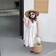 女宝宝公主背心裙2024夏装韩版女童气质简约白色甜美蕾丝吊带长裙