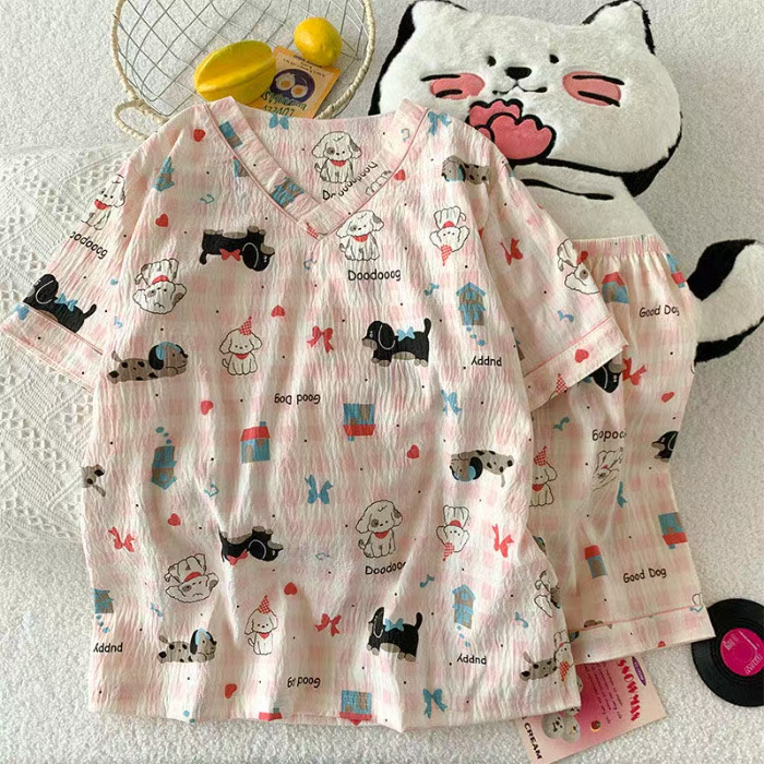 V ネック半袖ショーツパジャマ女性の夏のクラウドコットンかわいい KT 猫スーツカジュアル漫画ホーム服は屋外で着用できます|undefined
