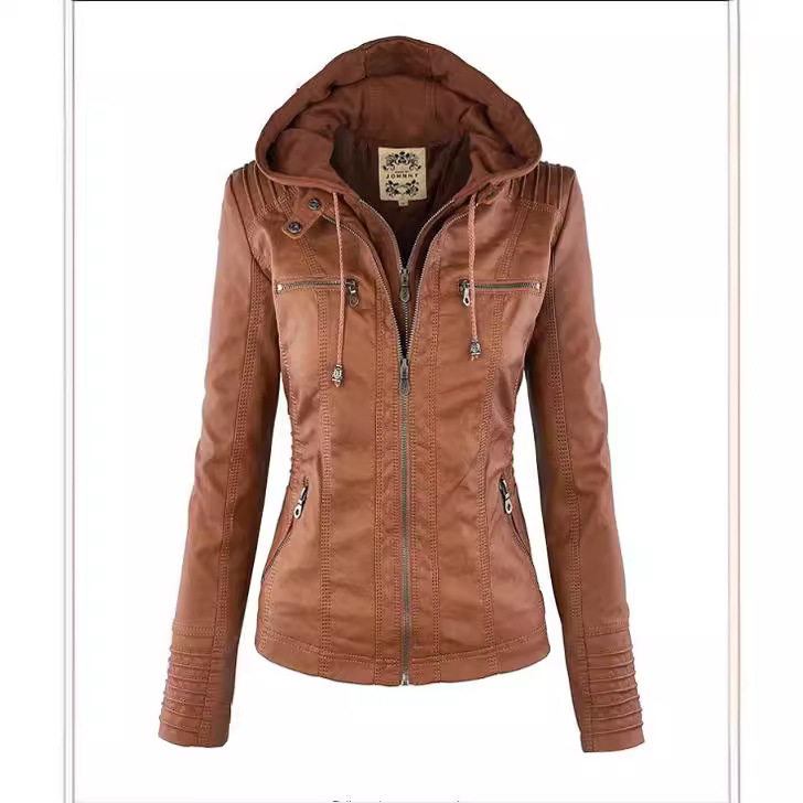 国境を越えたアマゾン2024欧米wishは襟の長袖の純色のジッパーの女性の革のジャケットを取り外すことができる|undefined