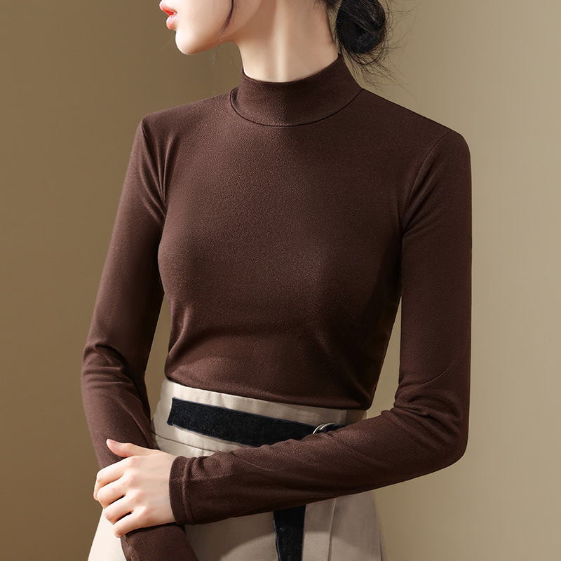 Camisa de fondo de terciopelo de cuello alto pequeño color café para mujer 2024 nuevo estilo interior de manga larga con ropa de fondo de piel cálida de estilo occidental de moda de otoño e invierno image 9