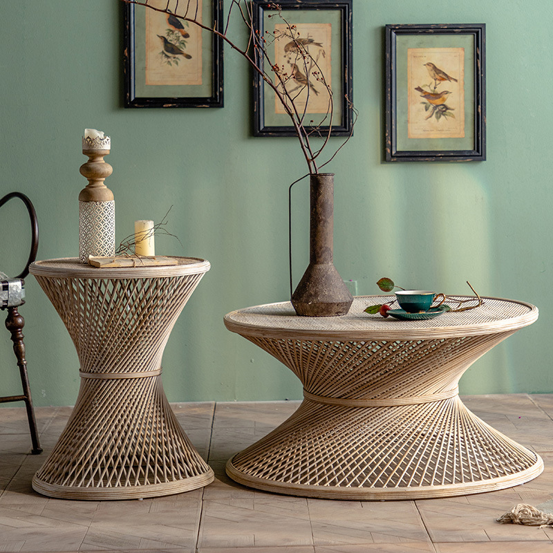 Japanese Wicker Round Tea Table with Wabi-Sabi Style, Retro Simple Combination Round Table for Homestay, Small Living Room Sofa Side Table Corner Table