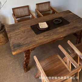 老榆木茶桌复古民宿中式餐桌椅组合风化老门板原木茶桌茶台