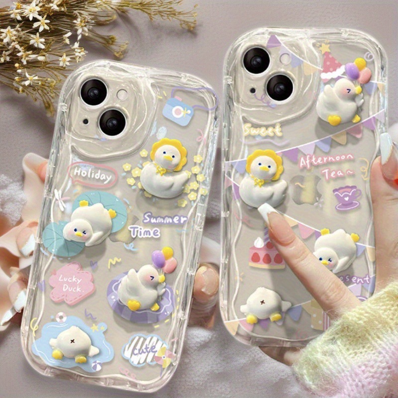 Suitable for Apple 16Pro Mobile Phone Case Iphone15 Cute Cartoon Duck Doll Chain 14/13 Transparent