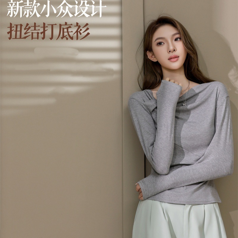 2025秋冬新款小众设计扭结打底衫女美拉德时尚修身不规则褶皱上衣|undefined
