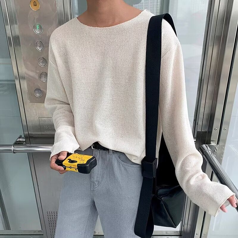 Spring and autumn men's long-sleeve T-shirt, Korean-style trendy thin knitted base shirt, suitable for wearing as an outer layer Spring and autumn men's long-sleeve T-shirt, Korean-style trendy thin knitted base shirt, suitable for wearing as an outer layer