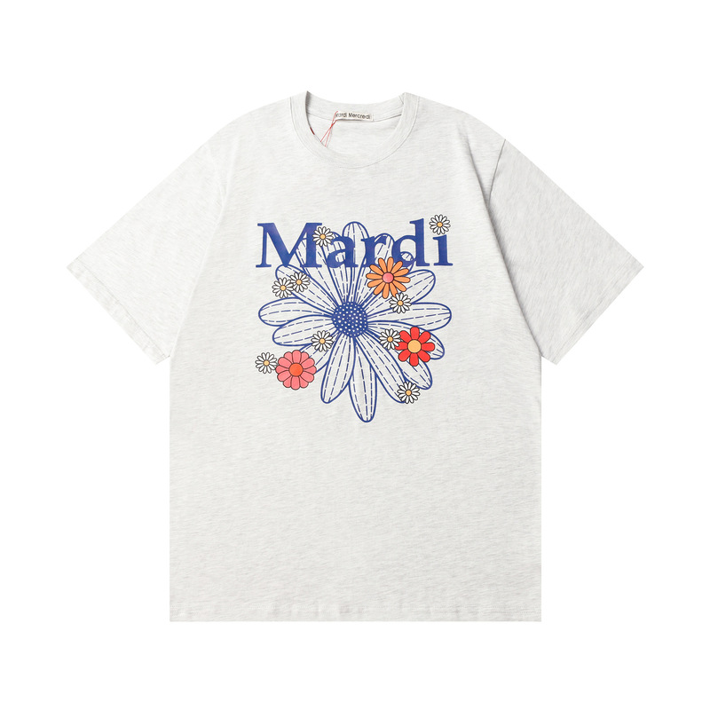 高品質韓国マルディデイジー花柄ルーズラウンドネック半袖Tシャツ男性と女性のためのカジュアルコットントップ|undefined