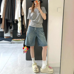 复古做旧五分牛仔短裤女夏季新款高腰宽松阔腿显瘦百搭直筒中裤子