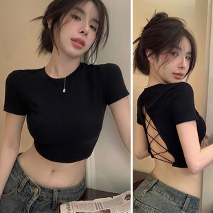 Hot Girl Short-Sleeved T-Shirt Women's Summer New Style with Cut Out Straps on the Back, Sexy Backless Elegant Short Crop Top Trendy