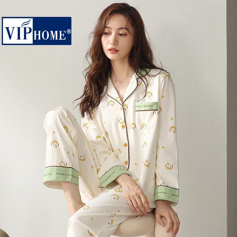 Mujeres 100% algodón pijamas traje de moda delgada 2021 nueva primavera inicio otoño manga larga solapa