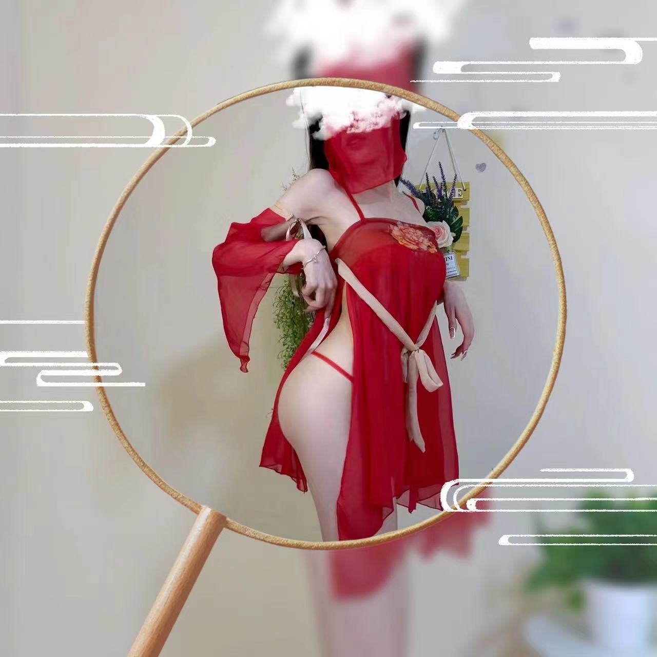 Retro Palace-Style Hanfu Lingerie Set with Veil, Tube Top and Briefs — detail image 4