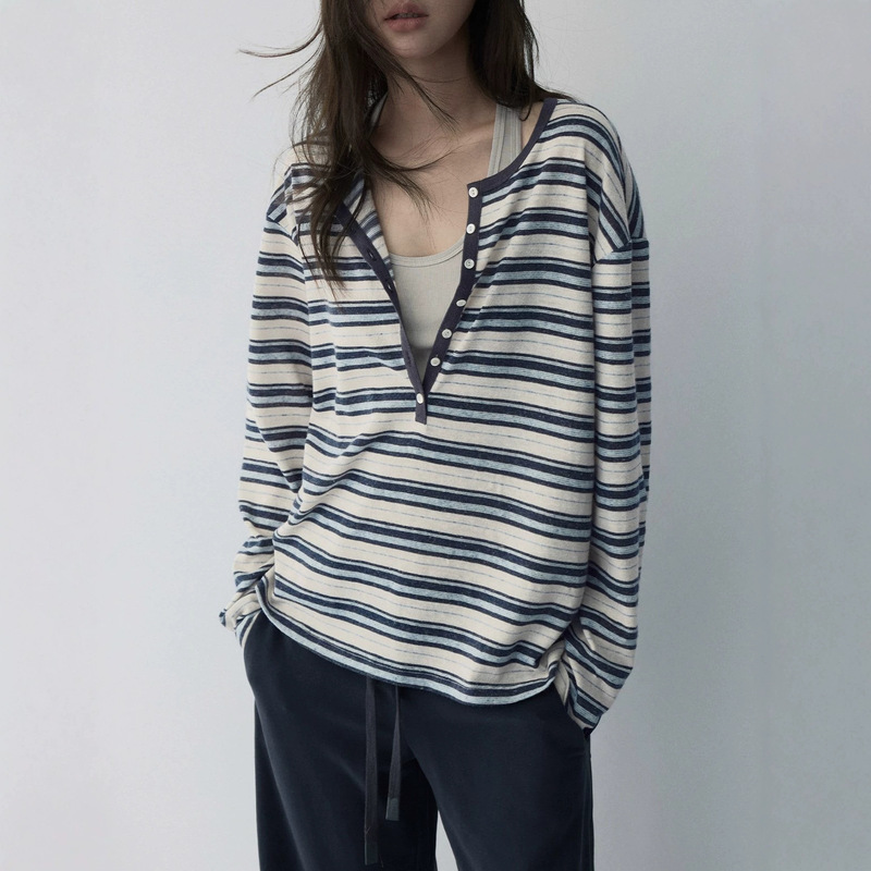 HaveRice Restaurant Sea Salt Milk Crisp - Striped T-shirt, cotton-linen blend textured henley collar layered long-sleeve top